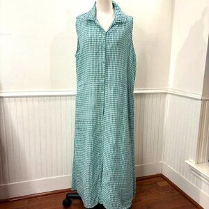 FLAX Design Size L Dress Maxi Jade Green Gingham 100% Linen Woven Sleeveless